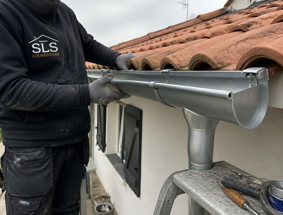 Gouttière en zinc naturel posée par SLS Couverture sur un pavillon à Mourenx