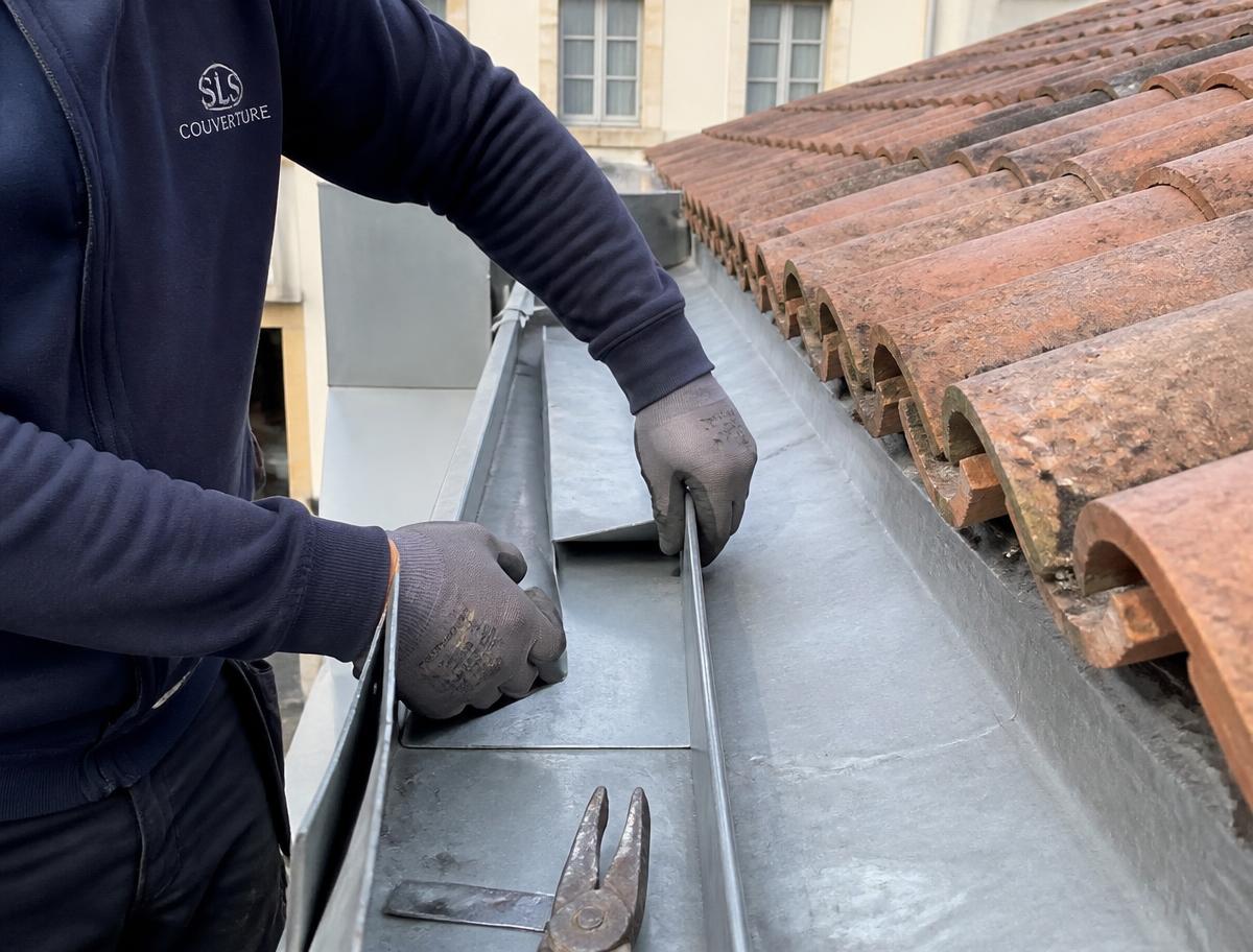 Détail d'un travail de zinguerie en zinc prépatiné à Salies-de-Béarn